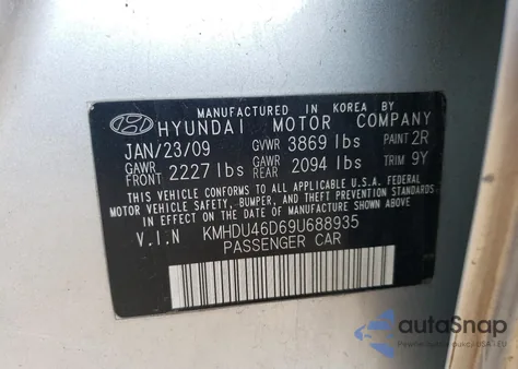 2009 Hyundai Elantra Gls z USA, uszkodzony, nr VIN KMHDU46D69U688935